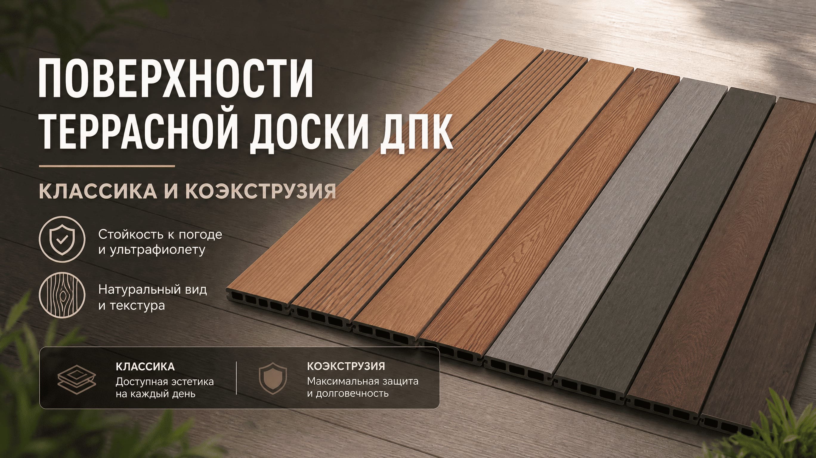 Все виды поверхностей террасной доски ДПК: классика и коэкструзия