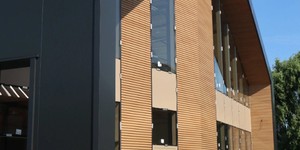 Реечная панель ДПК Turtle Shell, Middle Lines, Siberian Pine Co-Extrusion на фасаде и подшива кровельного свеса рейками (2)